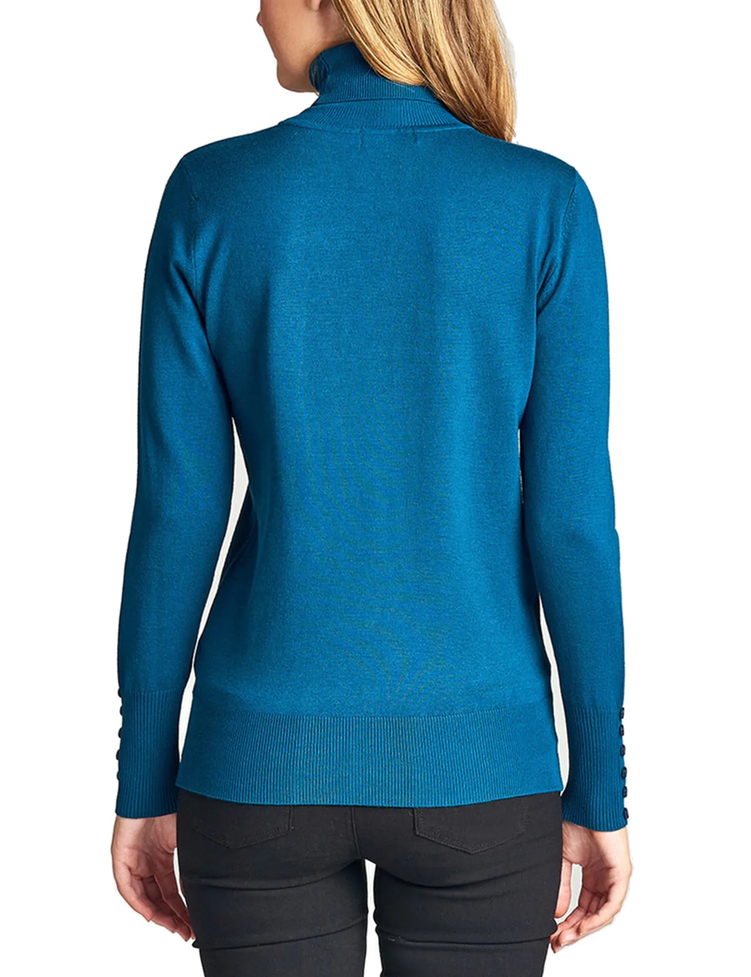 Women's Solid Long Sleeve Turtleneck Sweater with Sleeve Button