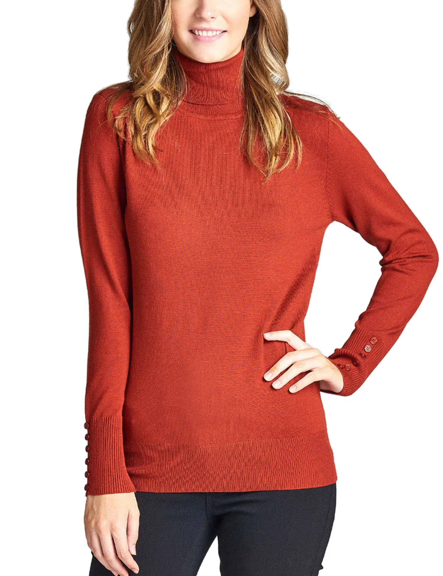 Women's Solid Long Sleeve Turtleneck Sweater with Sleeve Button