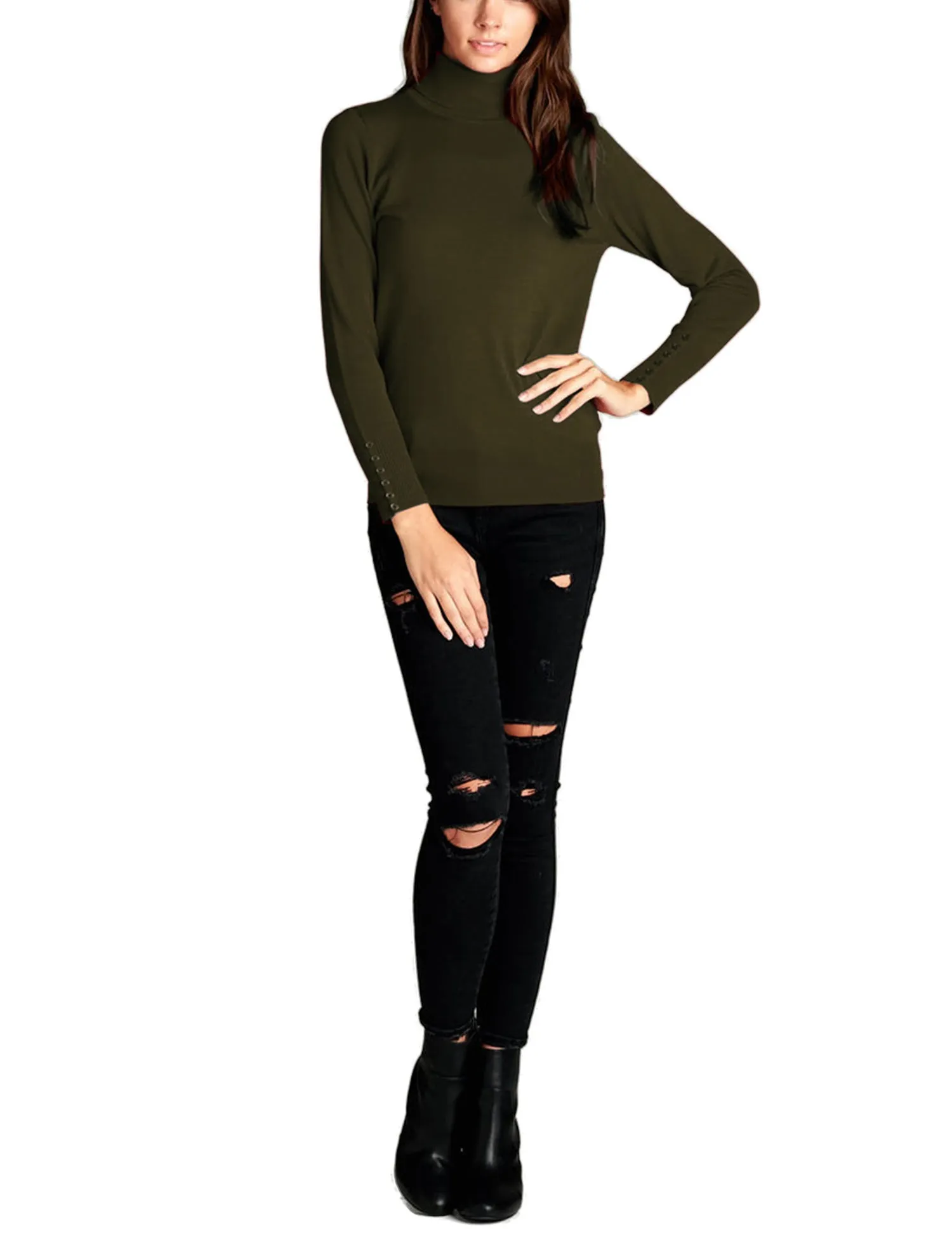Women's Solid Long Sleeve Turtleneck Sweater with Sleeve Button