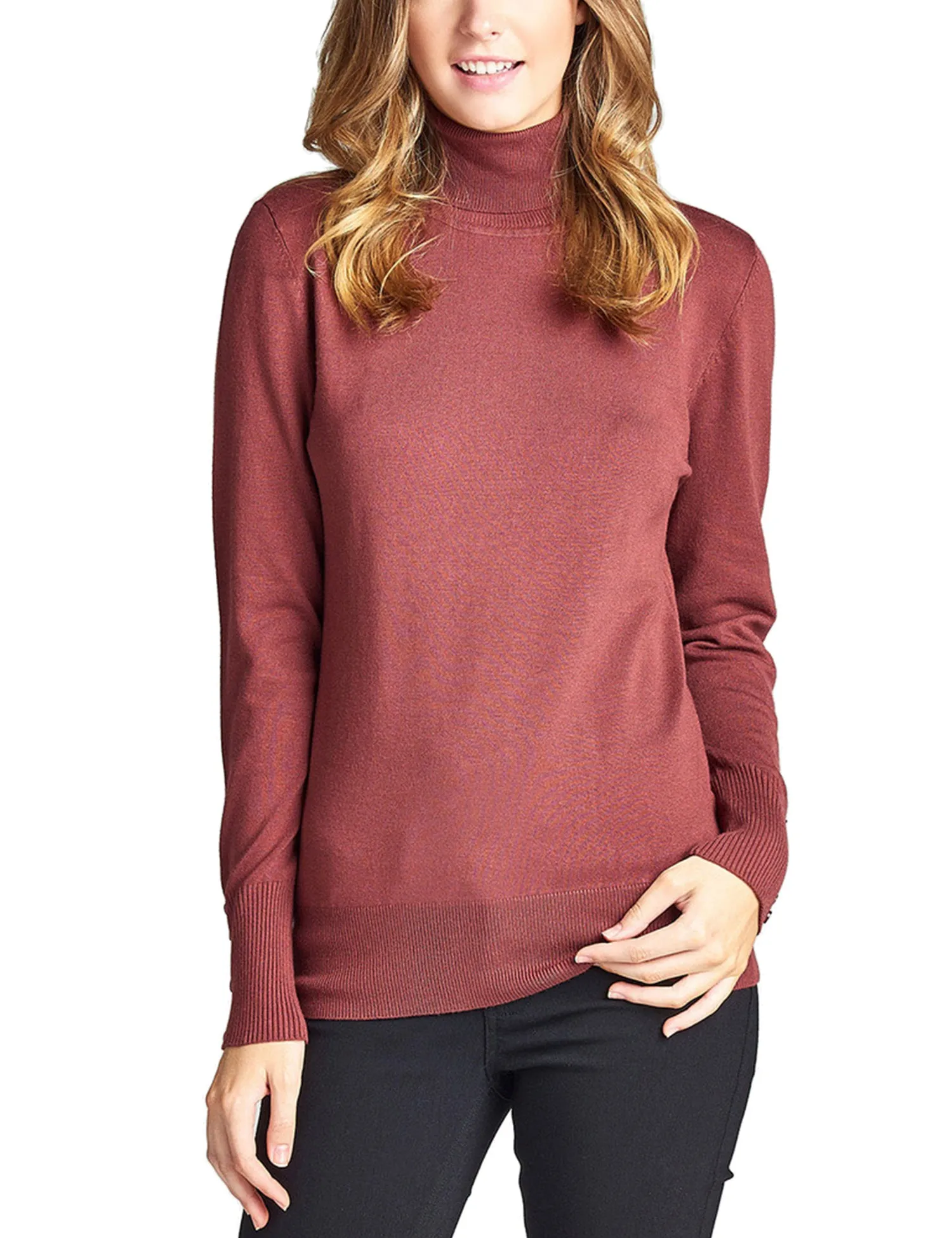 Women's Solid Long Sleeve Turtleneck Sweater with Sleeve Button