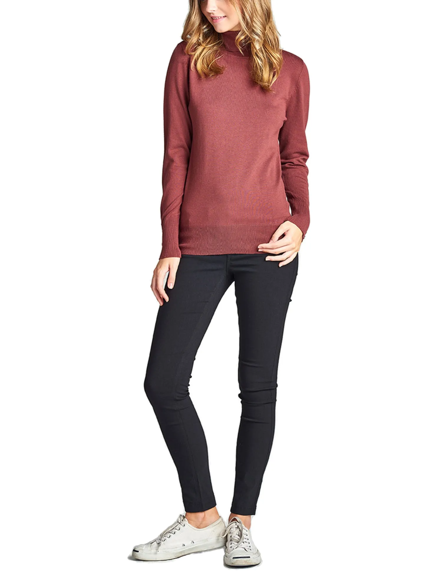 Women's Solid Long Sleeve Turtleneck Sweater with Sleeve Button