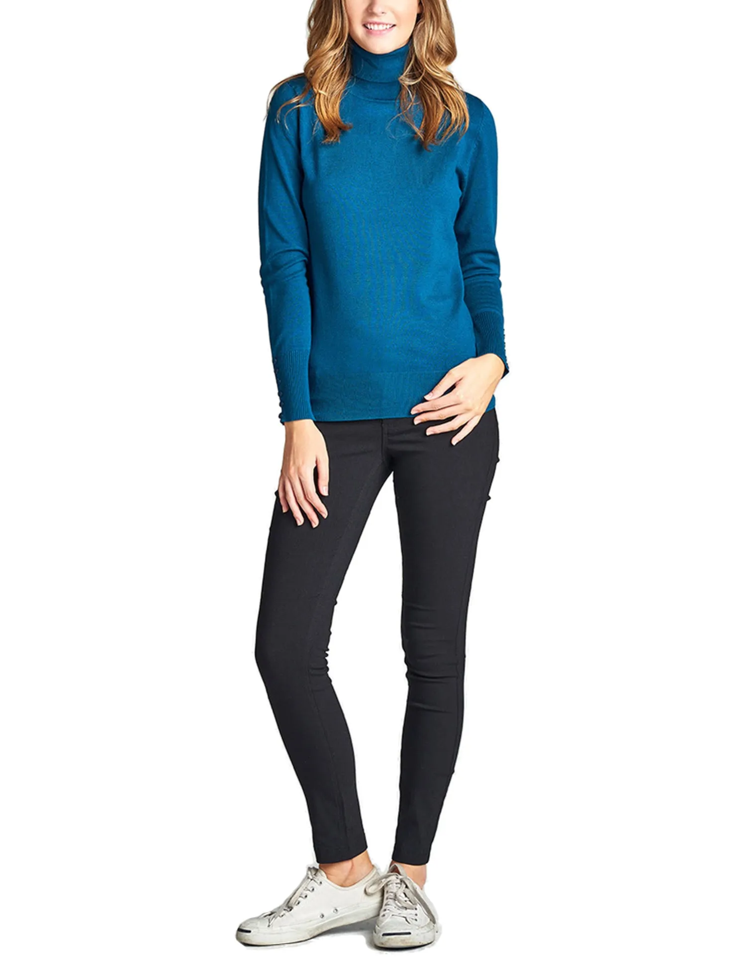 Women's Solid Long Sleeve Turtleneck Sweater with Sleeve Button