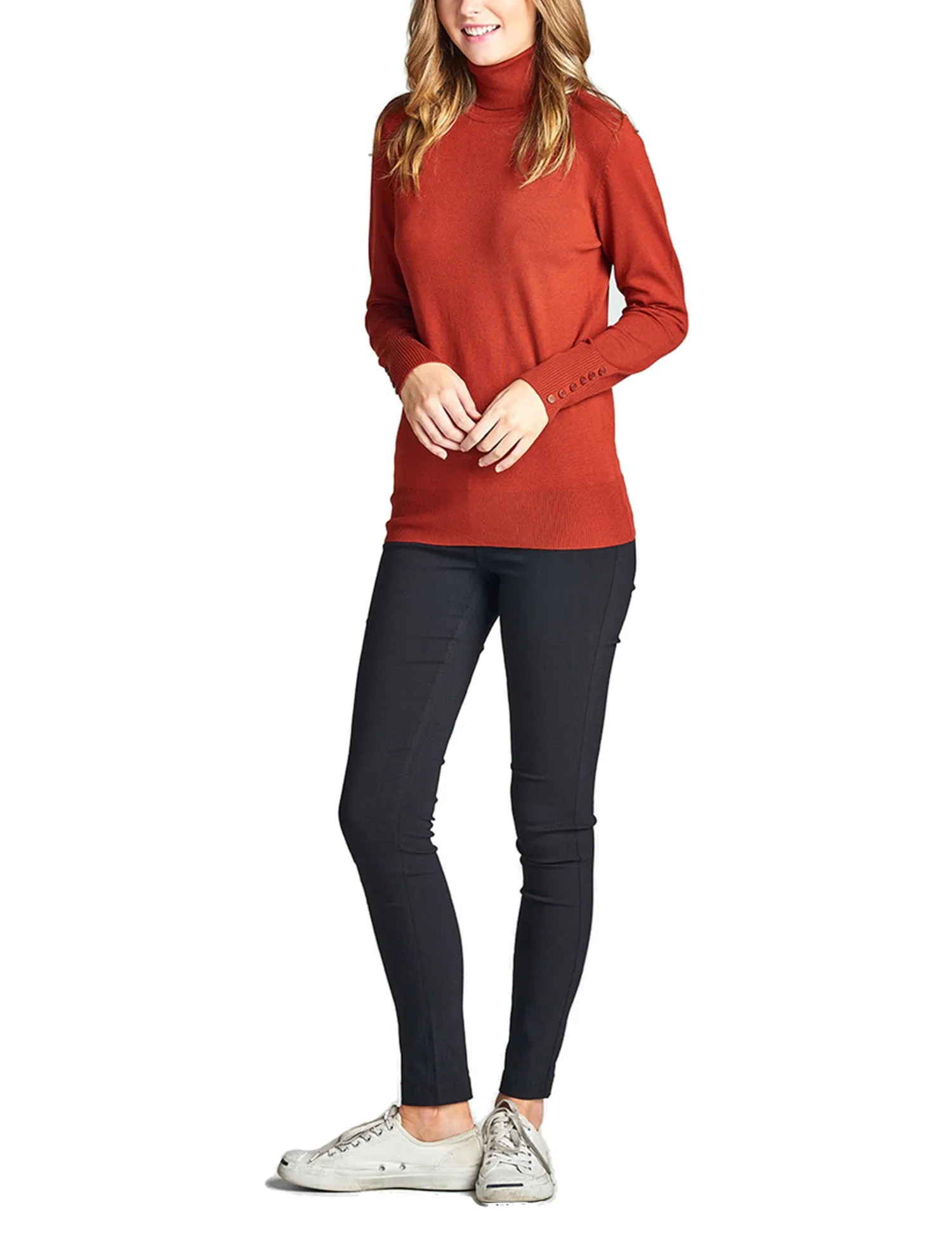 Women's Solid Long Sleeve Turtleneck Sweater with Sleeve Button