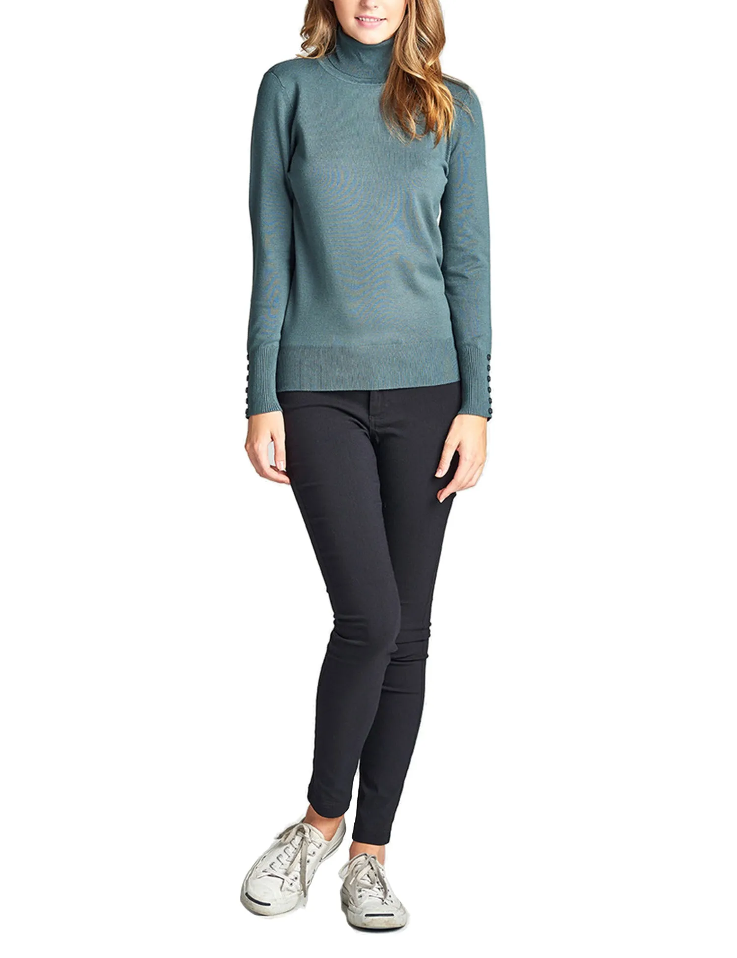 Women's Solid Long Sleeve Turtleneck Sweater with Sleeve Button