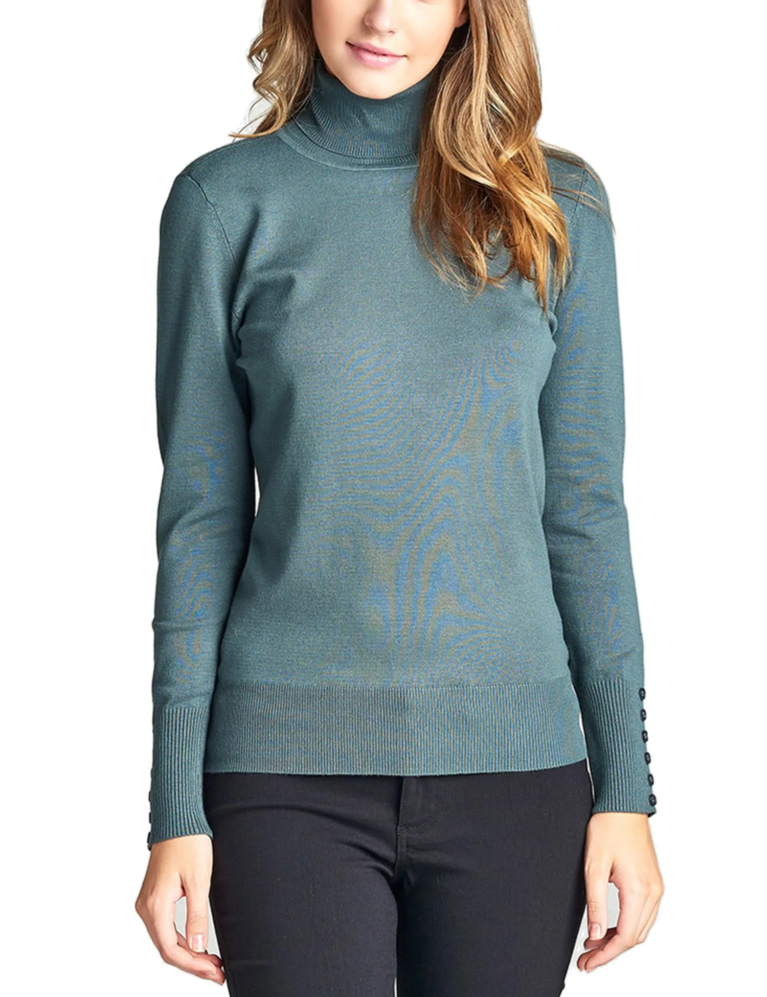 Women's Solid Long Sleeve Turtleneck Sweater with Sleeve Button