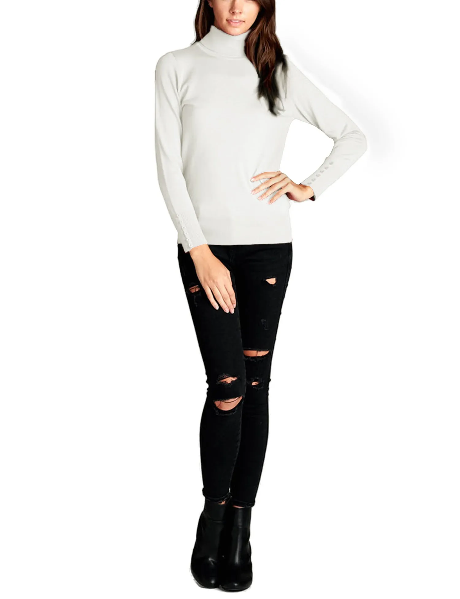 Women's Solid Long Sleeve Turtleneck Sweater with Sleeve Button