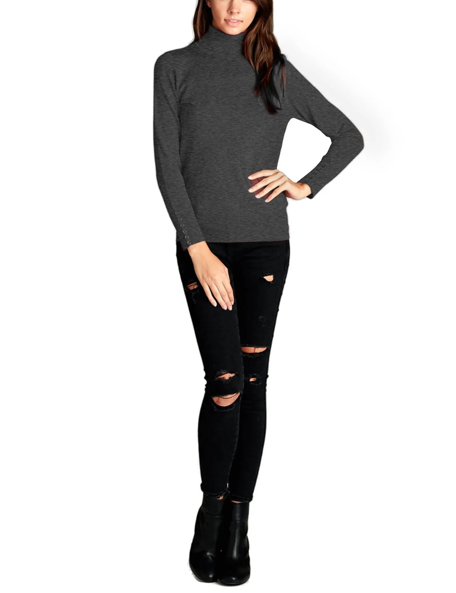 Women's Solid Long Sleeve Turtleneck Sweater with Sleeve Button