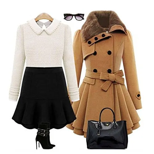 Zeagoo Women Long Sleeve Faux Fur Lapel Double-Breasted Thick Wool Coat, Small, Camel, Camel, Small